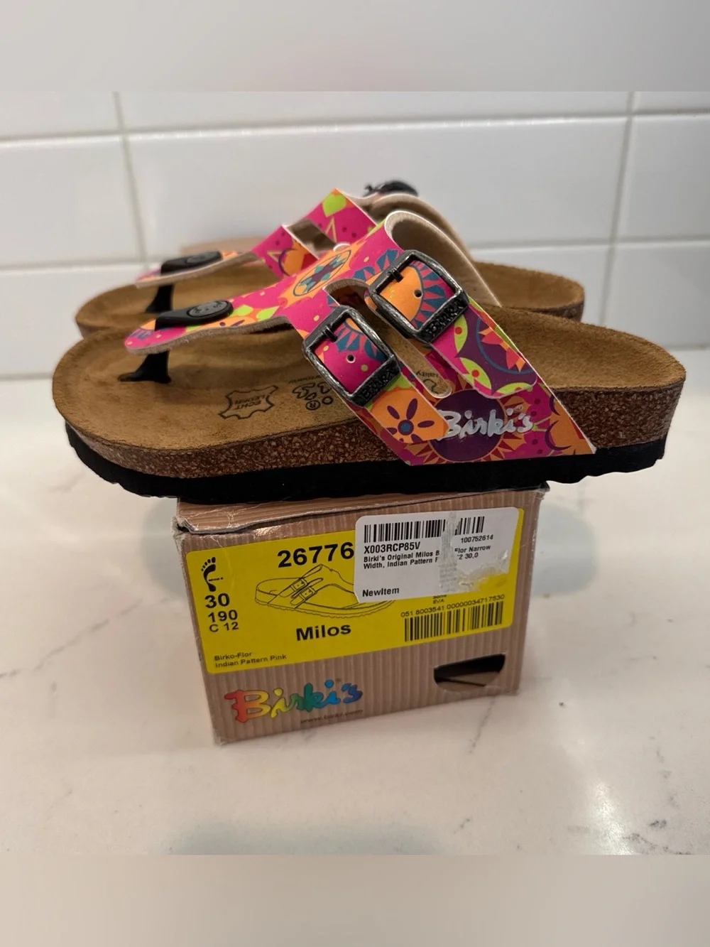 New Birki’s Kids' Milos Floral Pink Cork Sandals Gizeh style Girls slip on